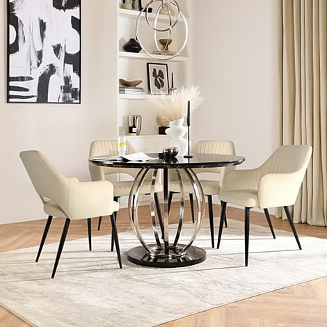 Savoy Round Dining Table & 4 Clara Chairs, Black Marble Effect & Chrome, Ivory Classic Plush Fabric & Black Steel, 120cm