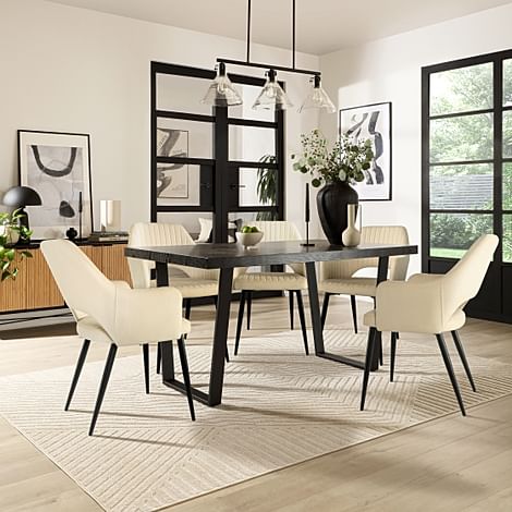 Addison Dining Table & 6 Clara Chairs, Black Oak Effect & Black Steel, Ivory Classic Plush Fabric, 150cm
