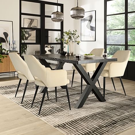 Franklin Dining Table & 4 Clara Chairs, Black Oak Effect & Black Steel, Ivory Classic Plush Fabric, 150cm