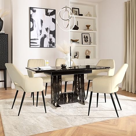 Florence Extending Dining Table & 4 Clara Chairs, Black Marble Effect, Ivory Classic Plush Fabric & Black Steel, 120-160cm