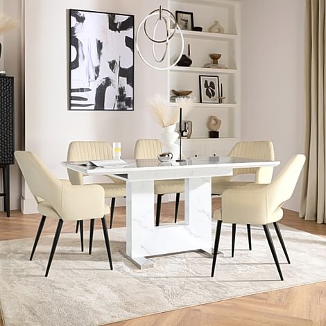 Florence Extending Dining Table & 4 Clara Chairs, White Marble Effect, Ivory Classic Plush Fabric & Black Steel, 120-160cm