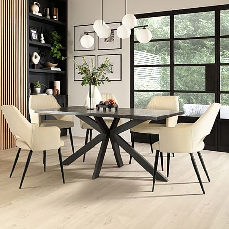 Madison Dining Table & 4 Clara Chairs, Black Oak Effect & Black Steel, Ivory Classic Plush Fabric, 160cm