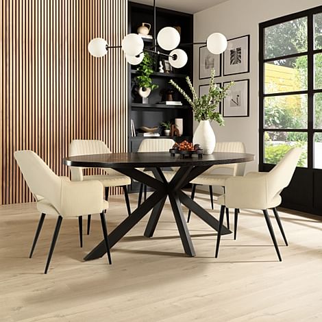 Madison Oval Dining Table & 4 Clara Chairs, Black Oak Effect & Black Steel, Ivory Classic Plush Fabric, 180cm