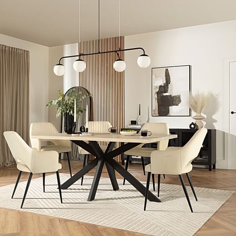 Madison Dining Table & 4 Clara Chairs, Light Oak Effect & Black Steel, Ivory Classic Plush Fabric, 160cm