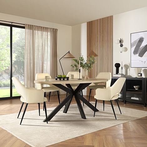 Madison Oval Dining Table & 4 Clara Chairs, Light Oak Effect & Black Steel, Ivory Classic Plush Fabric, 180cm