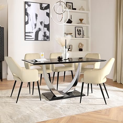 Peake Dining Table & 6 Clara Chairs, Black Marble Effect & Chrome, Ivory Classic Plush Fabric & Black Steel, 160cm