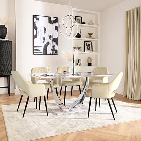 Peake Dining Table & 4 Clara Chairs, Grey Marble Effect & Chrome, Ivory Classic Plush Fabric & Black Steel, 160cm