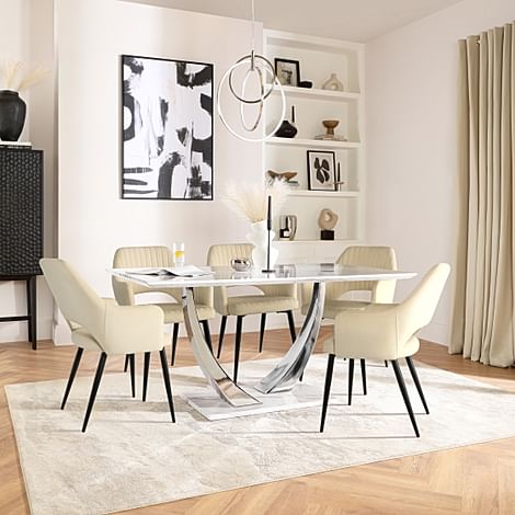 Peake Dining Table & 6 Clara Chairs, White Marble Effect & Chrome, Ivory Classic Plush Fabric & Black Steel, 160cm