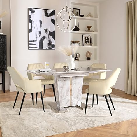 Vienna Extending Dining Table & 4 Clara Chairs, Grey Marble Effect, Ivory Classic Plush Fabric & Black Steel, 120-160cm