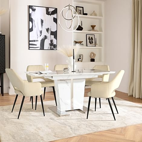 Vienna Extending Dining Table & 4 Clara Chairs, White Marble Effect, Ivory Classic Plush Fabric & Black Steel, 120-160cm