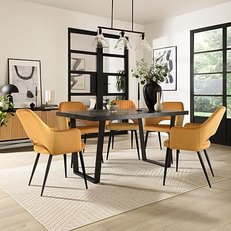 Addison Dining Table & 4 Clara Chairs, Black Oak Effect & Black Steel, Mustard Classic Velvet, 150cm