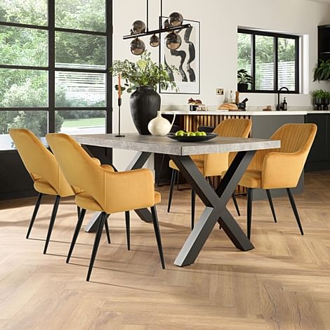 Franklin Dining Table & 4 Clara Chairs, Concrete Effect & Black Steel, Mustard Classic Velvet, 150cm