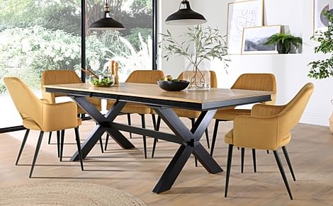 Grange Extending Dining Table & 4 Clara Chairs, Natural Oak Veneer & Black Solid Hardwood, Mustard Classic Velvet & Black Steel, 180-220cm
