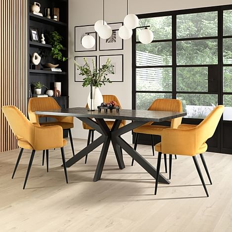 Madison Dining Table & 4 Clara Chairs, Black Oak Effect & Black Steel, Mustard Classic Velvet, 160cm