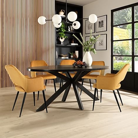 Madison Oval Dining Table & 4 Clara Chairs, Black Oak Effect & Black Steel, Mustard Classic Velvet, 180cm