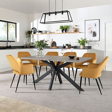 Madison Industrial Dining Table & 4 Clara Chairs, Grey Concrete Effect & Black Steel, Mustard Classic Velvet, 160cm