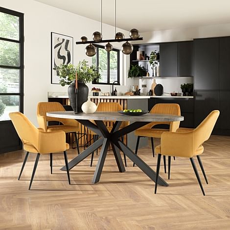 Madison Oval Industrial Dining Table & 6 Clara Chairs, Grey Concrete Effect & Black Steel, Mustard Classic Velvet, 180cm