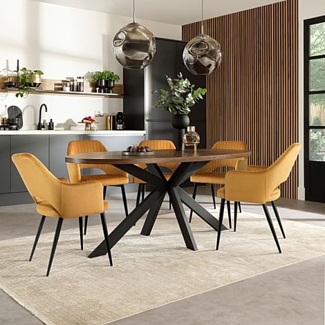 Madison Oval Industrial Dining Table & 4 Clara Chairs, Walnut Effect & Black Steel, Mustard Classic Velvet, 180cm