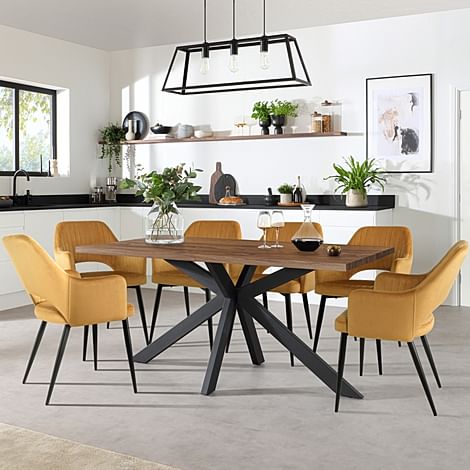 Madison Industrial Dining Table & 4 Clara Chairs, Walnut Effect & Black Steel, Mustard Classic Velvet, 160cm