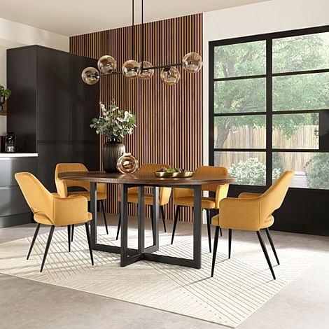 Newbury Oval Industrial Dining Table & 4 Clara Chairs, Walnut Effect & Black Steel, Mustard Classic Velvet, 180cm