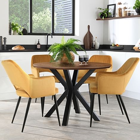 Newark Round Industrial Dining Table & 4 Clara Chairs, Walnut Effect & Black Steel, Mustard Classic Velvet, 110cm