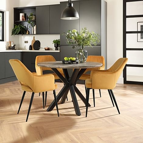 Newark Round Industrial Dining Table & 4 Clara Chairs, Grey Concrete Effect & Black Steel, Mustard Classic Velvet, 110cm