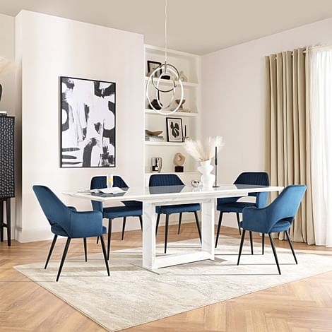 Tokyo Extending Dining Table & 4 Clara Chairs, White Marble Effect, Blue Classic Velvet & Black Steel, 180-220cm