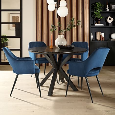 Newark Round Dining Table & 4 Clara Chairs, Black Oak Effect & Black Steel, Blue Classic Velvet, 110cm