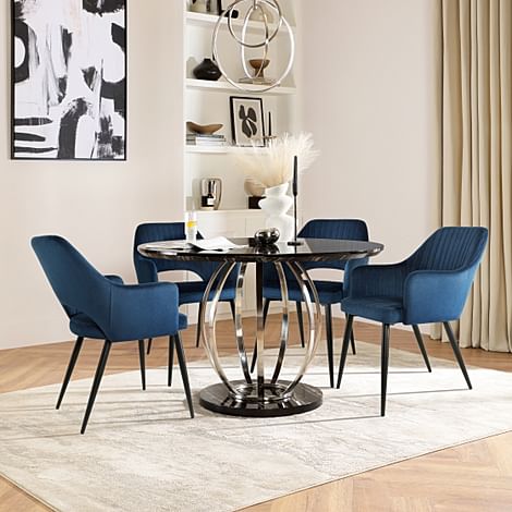 Savoy Round Dining Table & 4 Clara Chairs, Black Marble Effect & Chrome, Blue Classic Velvet & Black Steel, 120cm