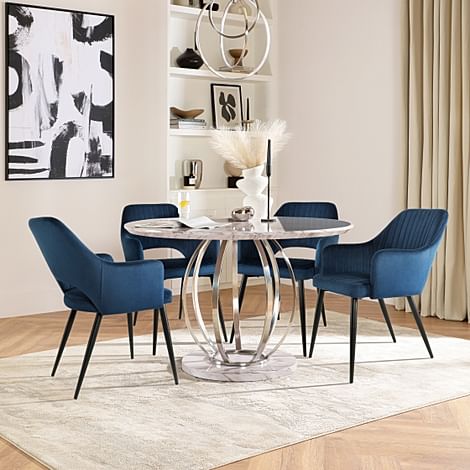 Savoy Round Dining Table & 4 Clara Chairs, Grey Marble Effect & Chrome, Blue Classic Velvet & Black Steel, 120cm