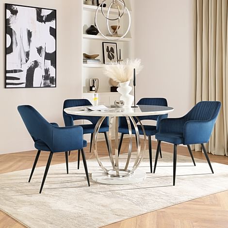 Savoy Round Dining Table & 4 Clara Chairs, White Marble Effect & Chrome, Blue Classic Velvet & Black Steel, 180-220cm
