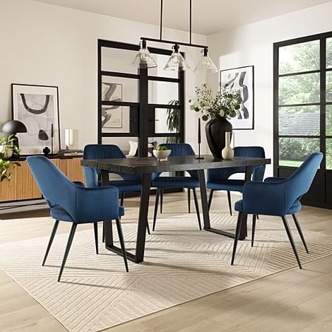 Addison Dining Table & 4 Clara Chairs, Black Oak Effect & Black Steel, Blue Classic Velvet, 180-220cm