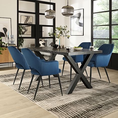 Franklin Dining Table & 4 Clara Chairs, Black Oak Effect & Black Steel, Blue Classic Velvet, 180-220cm