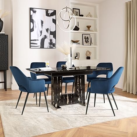 Florence Extending Dining Table & 4 Clara Chairs, Black Marble Effect, Blue Classic Velvet & Black Steel, 180-220cm