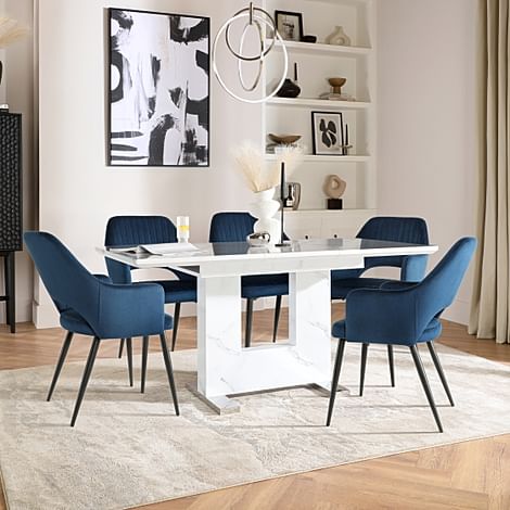 Florence Extending Dining Table & 4 Clara Chairs, White Marble Effect, Blue Classic Velvet & Black Steel, 180-220cm