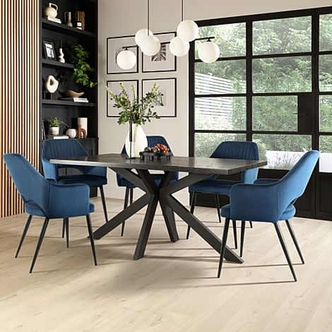 Madison Dining Table & 4 Clara Chairs, Black Oak Effect & Black Steel, Blue Classic Velvet, 160cm