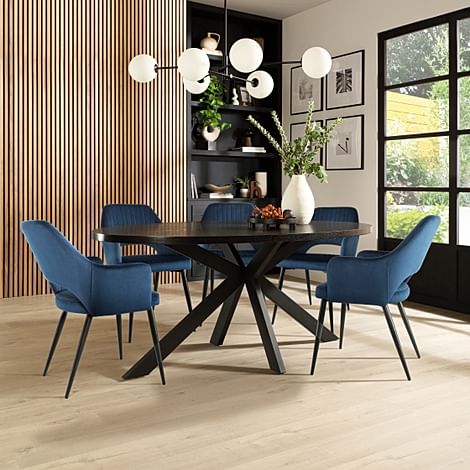 Madison Oval Dining Table & 6 Clara Chairs, Black Oak Effect & Black Steel, Blue Classic Velvet, 180cm