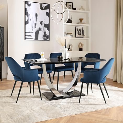 Peake Dining Table & 6 Clara Chairs, Black Marble Effect & Chrome, Blue Classic Velvet & Black Steel, 160cm