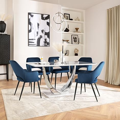 Peake Dining Table & 4 Clara Chairs, White Marble Effect & Chrome, Blue Classic Velvet & Black Steel, 180-220cm