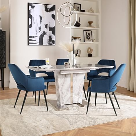 Vienna Extending Dining Table & 4 Clara Chairs, Grey Marble Effect, Blue Classic Velvet & Black Steel, 180-220cm