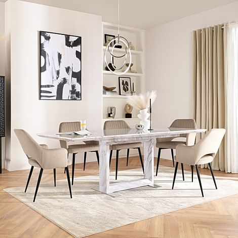Tokyo Extending Dining Table & 4 Clara Chairs, Grey Marble Effect, Champagne Classic Velvet & Black Steel, 180-220cm