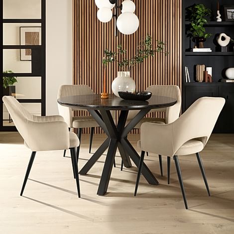 Newark Round Dining Table & 4 Clara Chairs, Black Oak Effect & Black Steel, Champagne Classic Velvet, 180-220cm