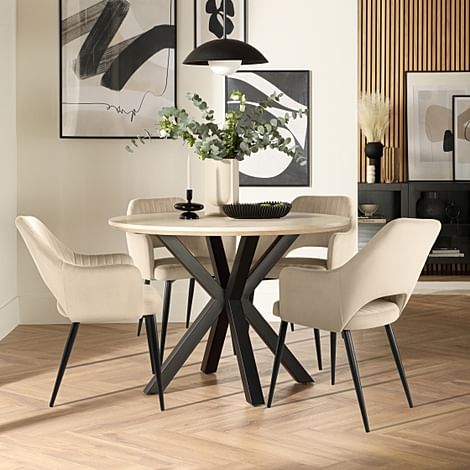 Newark Round Dining Table & 4 Clara Chairs, Light Oak Effect & Black Steel, Champagne Classic Velvet, 180-220cm