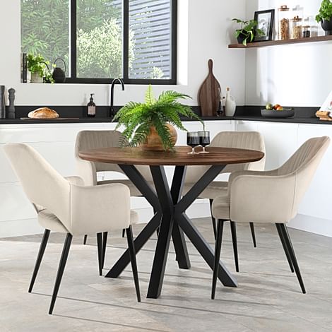 Newark Round Industrial Dining Table & 4 Clara Chairs, Walnut Effect & Black Steel, Champagne Classic Velvet, 110cm