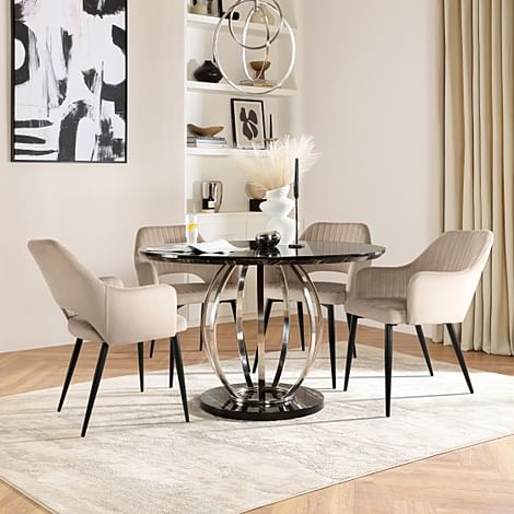 Savoy Round Dining Table & 4 Clara Chairs, Black Marble Effect & Chrome, Champagne Classic Velvet & Black Steel, 180-220cm