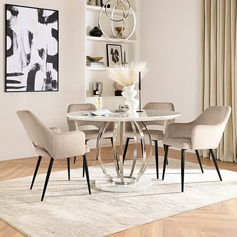 Savoy Round Dining Table & 4 Clara Chairs, White Marble Effect & Chrome, Champagne Classic Velvet & Black Steel, 180-220cm