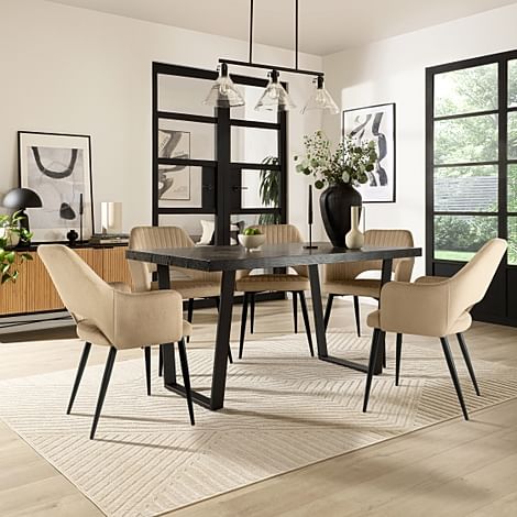 Addison Dining Table & 4 Clara Chairs, Black Oak Effect & Black Steel, Champagne Classic Velvet, 180-220cm
