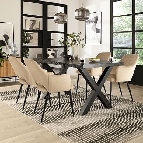 Franklin Dining Table & 4 Clara Chairs, Black Oak Effect & Black Steel, Champagne Classic Velvet, 180-220cm