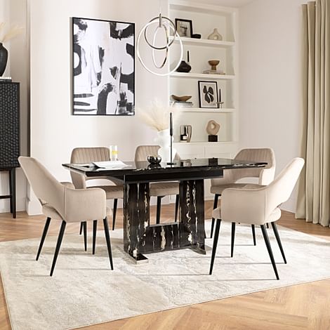 Florence Extending Dining Table & 4 Clara Chairs, Black Marble Effect, Champagne Classic Velvet & Black Steel, 180-220cm
