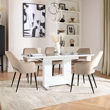 Florence Extending Dining Table & 4 Clara Chairs, White Marble Effect, Champagne Classic Velvet & Black Steel, 180-220cm
